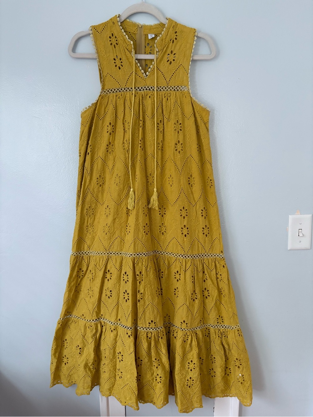 Chicwish Mustard Yellow Eyelet Maxi Dress with Tassel Ties